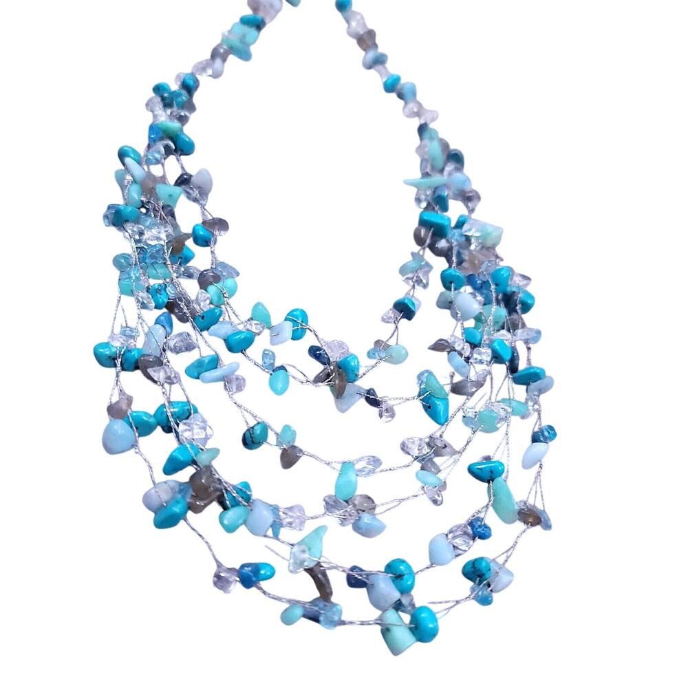 Turquoise Stone Chip Multi-Layer Beaded Statement Necklace 18"